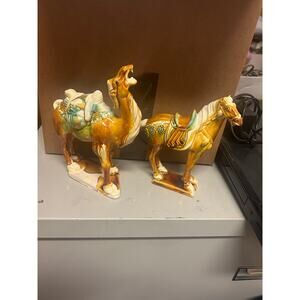 Vintage Majolica Pottery Camel and horse. Tang dynasty style drip Painted Figure